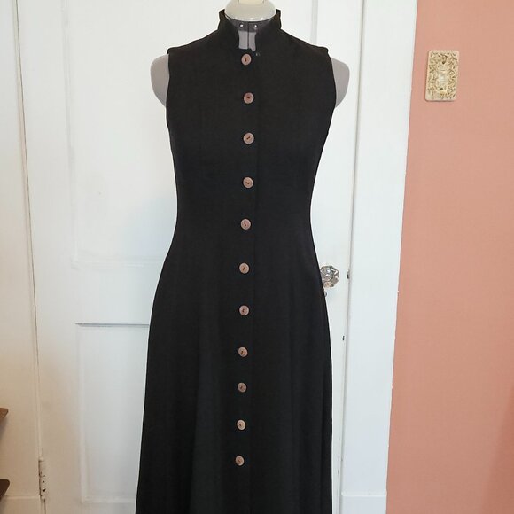 Vintage Claude Rene Black Linen Button Maxi Dress S- 4 - Picture 2 of 8